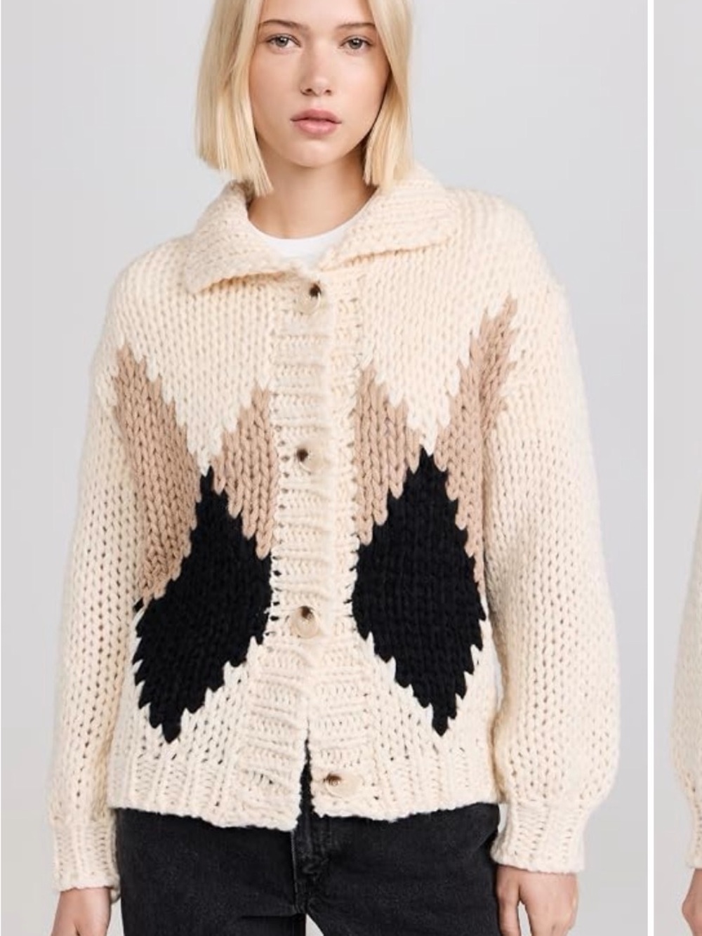 Line & Dot Cream Cardigan with Black and Beige Diamond Motif